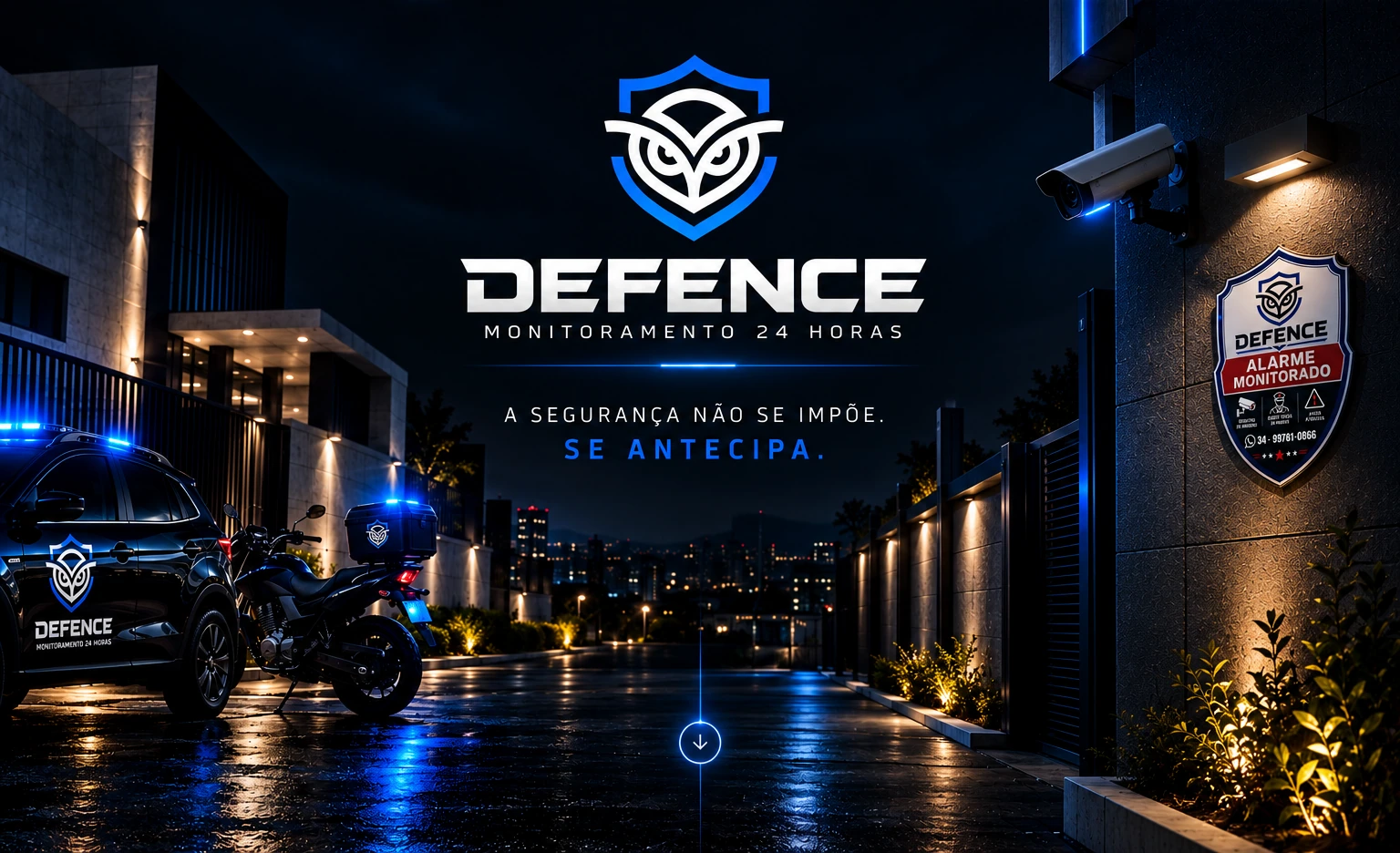 Capa aprovada da DEFENCE, com portaria, viatura, moto de pronta resposta, câmera e placa de alarme monitorado