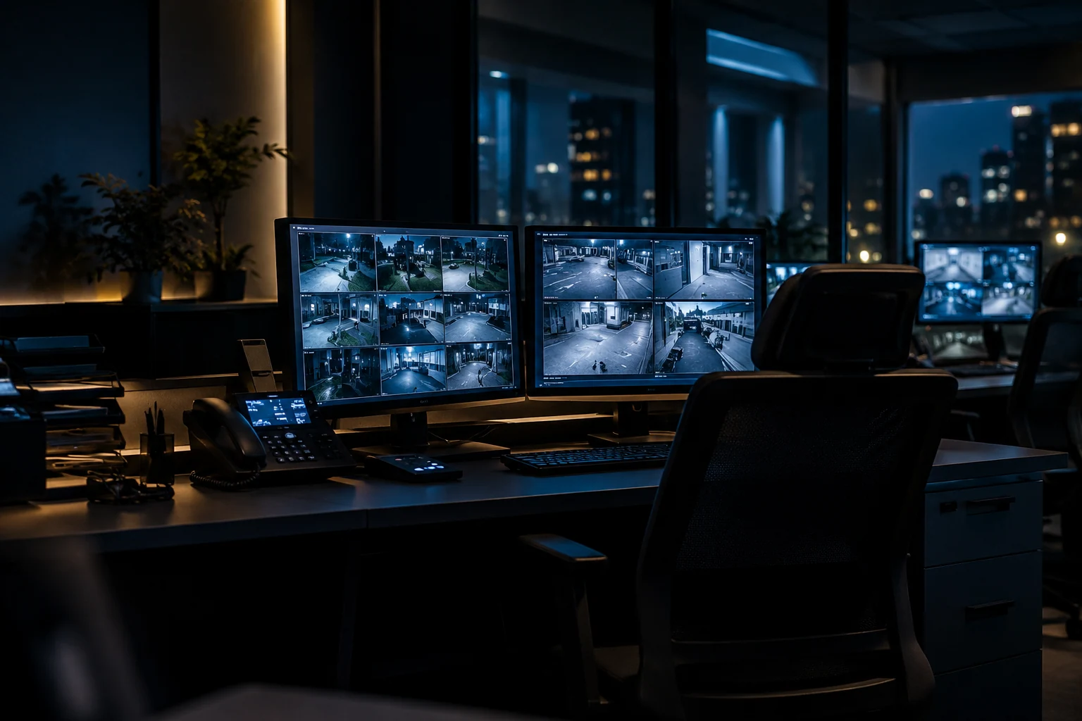 Imagem ilustrativa de central de monitoramento com múltiplos monitores de câmeras