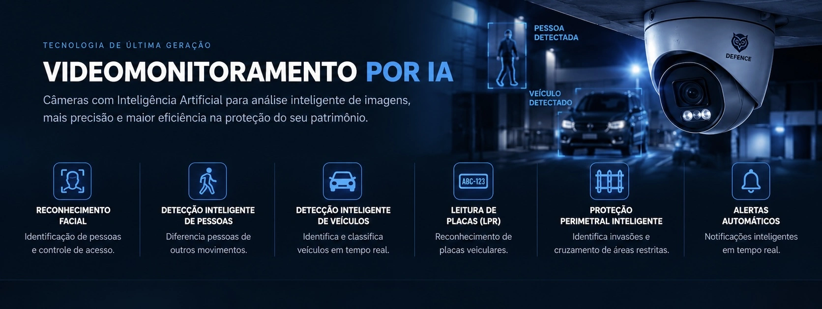 Videomonitoramento por IA: reconhecimento facial, detecção de pessoas e veículos, leitura de placas, proteção perimetral e alertas automáticos.