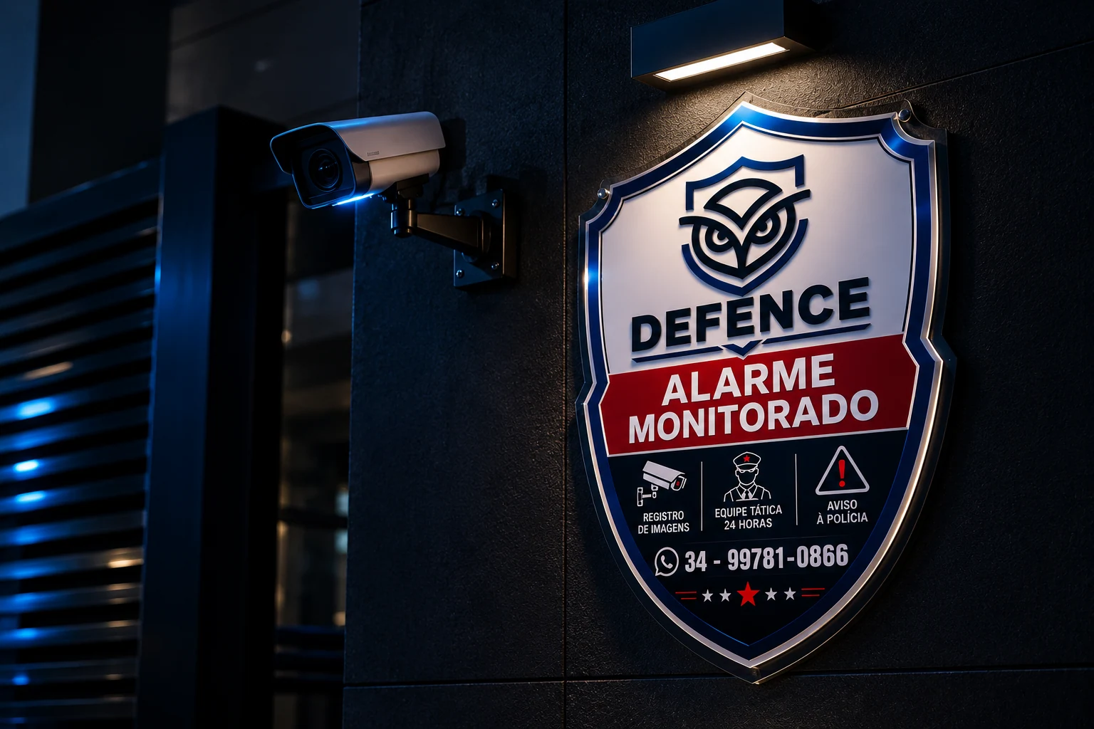 Placa DEFENCE Alarme Monitorado e câmera de segurança em fachada escura